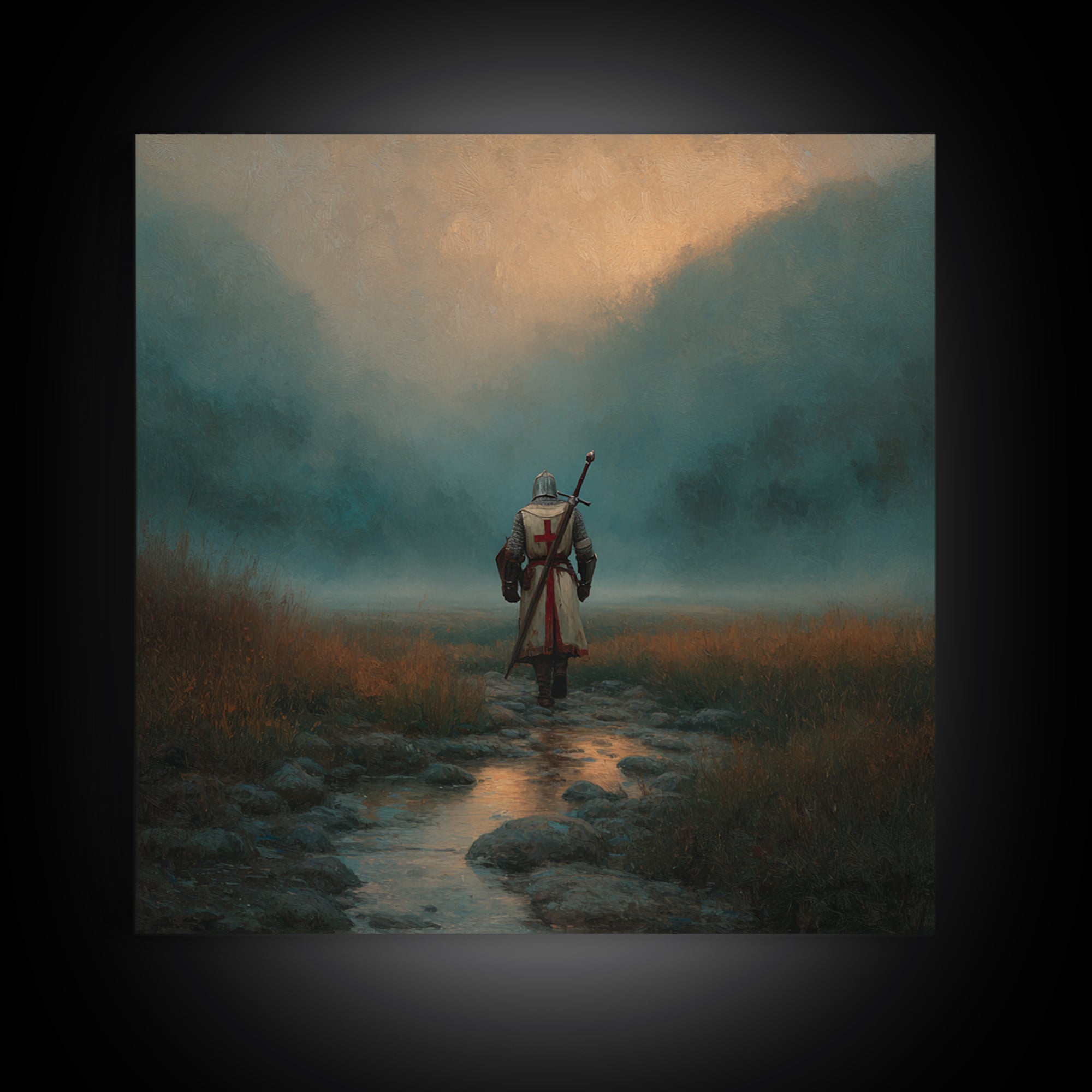 Foggy Knight Mountain Path Wall Art, Moody Fantasy Landscape Print, Medieval Warrior Decor, Rustic Home Decor Gift For Living Room