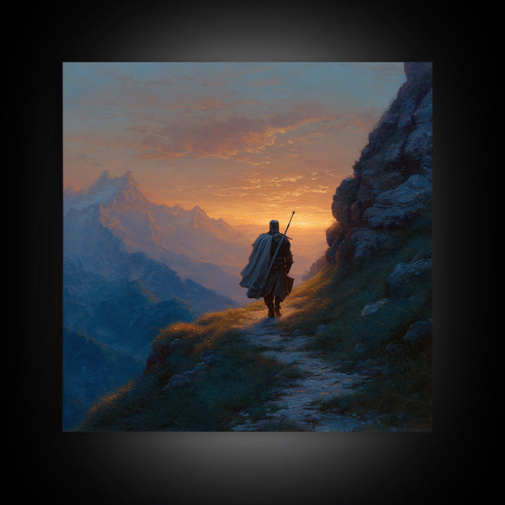 Lone Traveler On Mountain Path Wall Art, Sunset Fantasy Landscape Canvas Print, Epic Adventure Decor For Living Room Home Decor