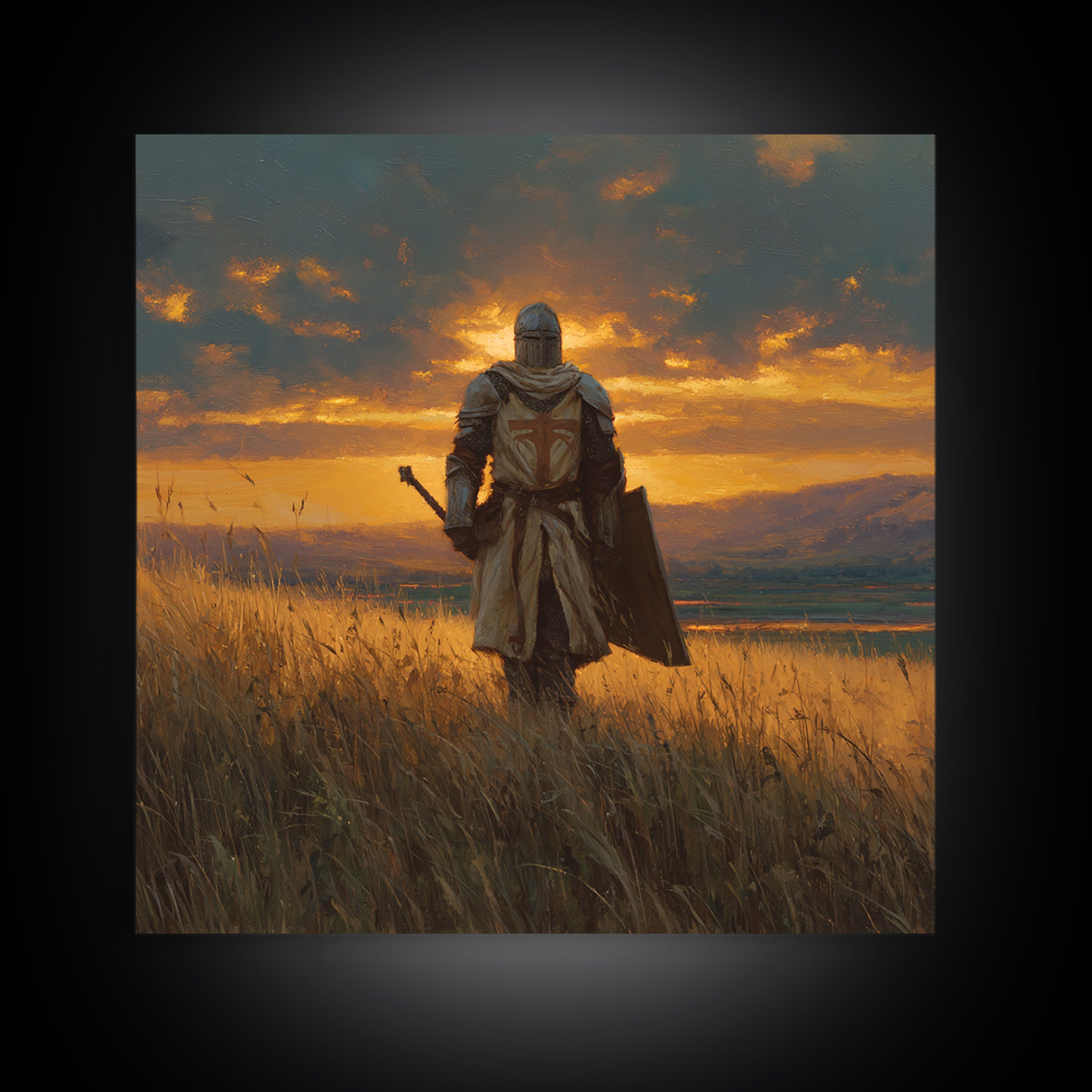 Lone Knight Sunset Field Canvas Print, Medieval Landscape Wall Art, Fantasy Warrior Decor, Rustic Home Decor, Gift For Him