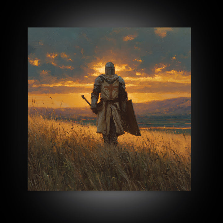 Lone Knight Sunset Field Canvas Print, Medieval Landscape Wall Art, Fantasy Warrior Decor, Rustic Home Decor, Gift For Him