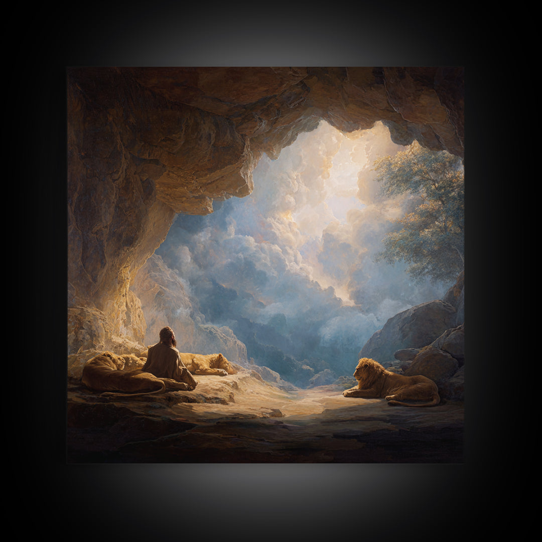 Cave Sanctuary With Lions And Heavenly Clouds Wall Art, Fantasy Landscape Canvas, Spiritual Home Decor, Mystical Gift Print