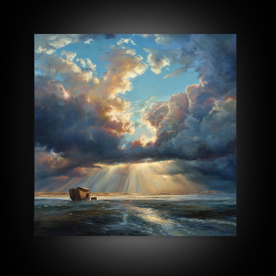 Noah's Ark Storm Clouds Wall Art, Christian Canvas Print, Ocean Seascape Painting, Bible Story Decor, Inspirational Gift
