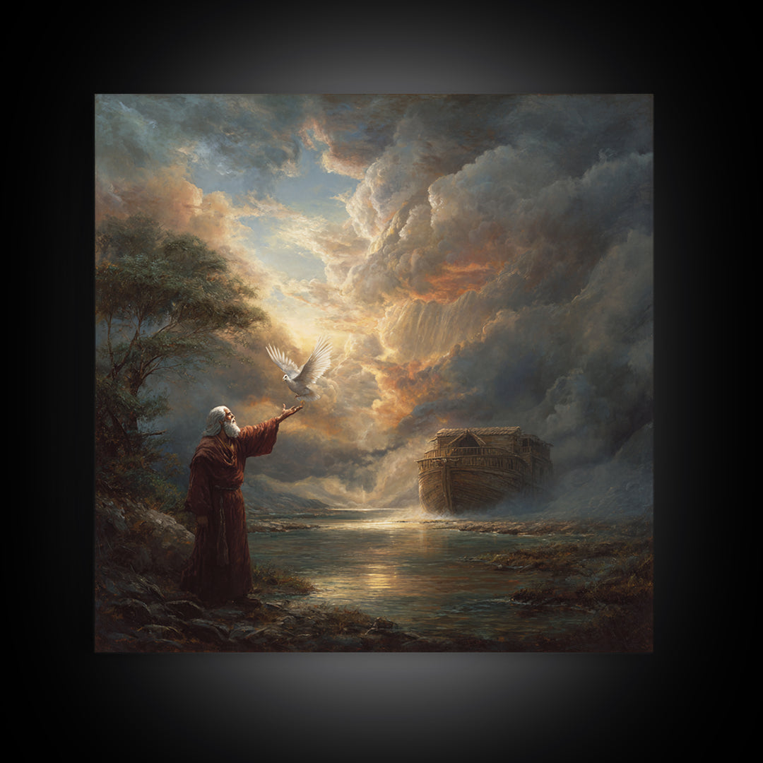 Noah Releasing Dove Before Storm Canvas Print, Biblical Wall Art, Christian Artwork, Dramatic Landscape Decor, Faith Gift