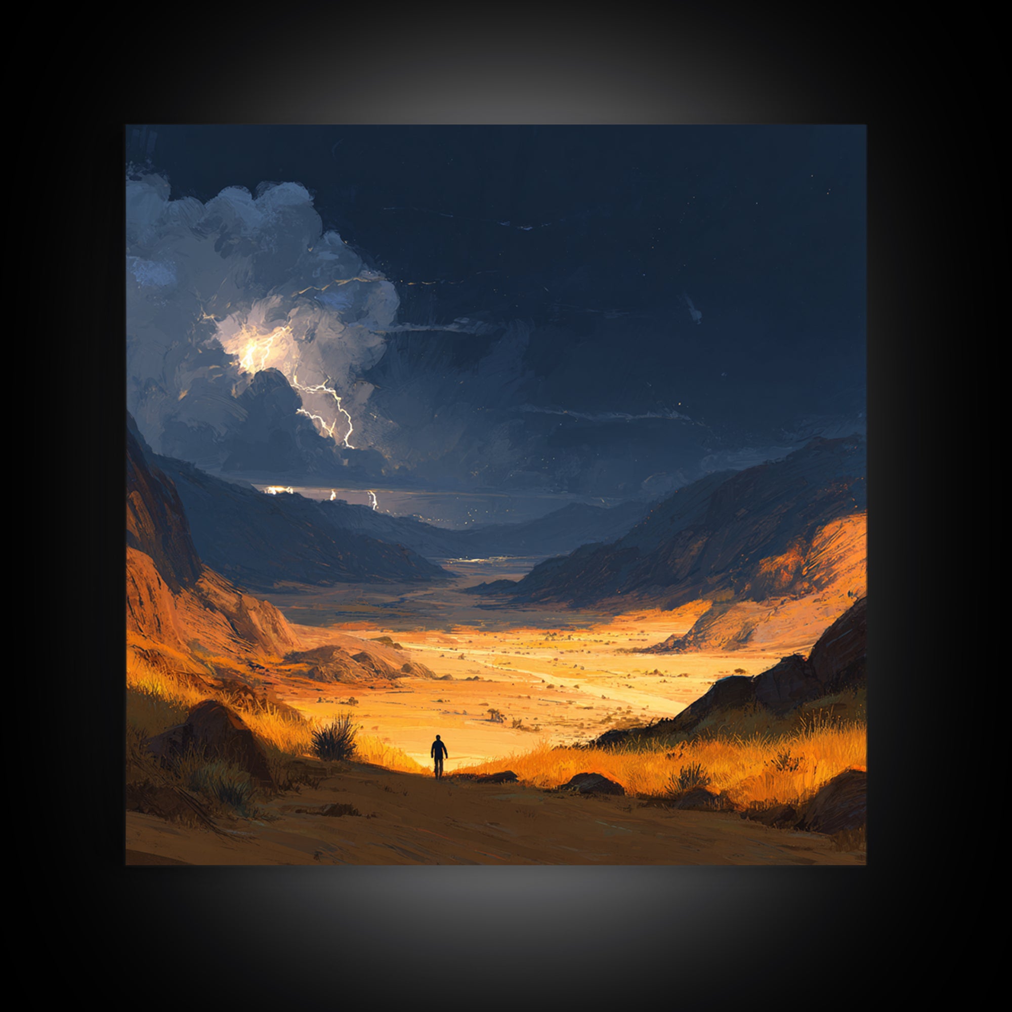 Stormy Desert Valley Wall Art, Lightning Landscape Painting, Moody Mountain Decor, Large Nature Art Print, Gift For Him, Home Decor