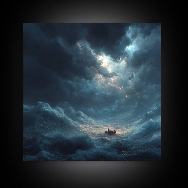 Tiny Boat In Stormy Ocean Wall Art, Dramatic Seascape Canvas Print, Nautical Coastal Decor, Moody Ocean Painting Gift For Him