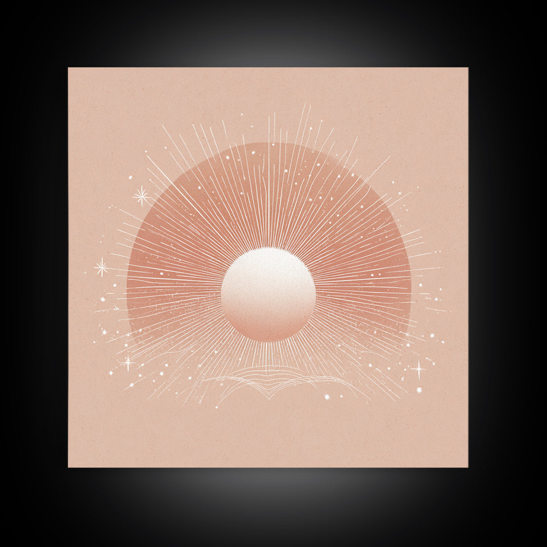 Radiant Peach Sun Wall Art, Celestial Canvas Print, Boho Sun And Moon Decor, Minimalist Nursery Or Bedroom Wall Decor Art Print