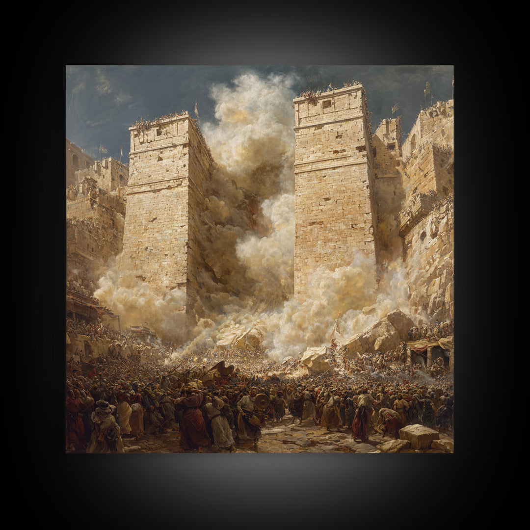 Epic Ancient Siege City Collapse Wall Art, Biblical Battle Canvas Print, Historical Drama, Medieval Decor, Statement Artwork