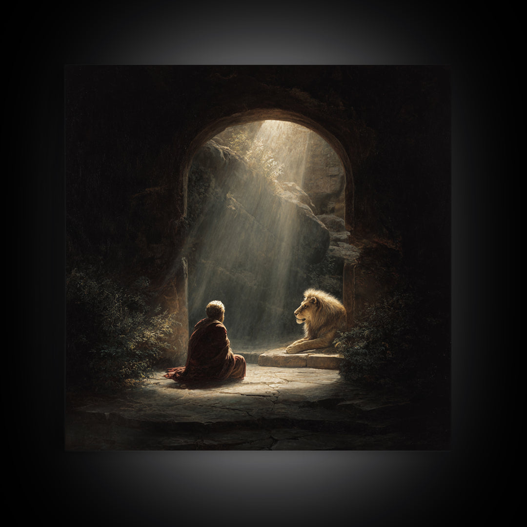 Child And Lion In Sunlit Cave Wall Art, Spiritual Fantasy Painting, Inspirational Decor, Storybook Artwork, Unique Gift For Her
