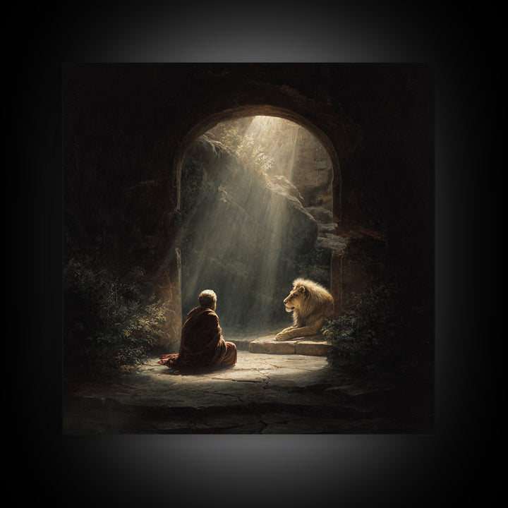 Child And Lion In Sunlit Cave Wall Art, Spiritual Fantasy Painting, Inspirational Decor, Storybook Artwork, Unique Gift For Her