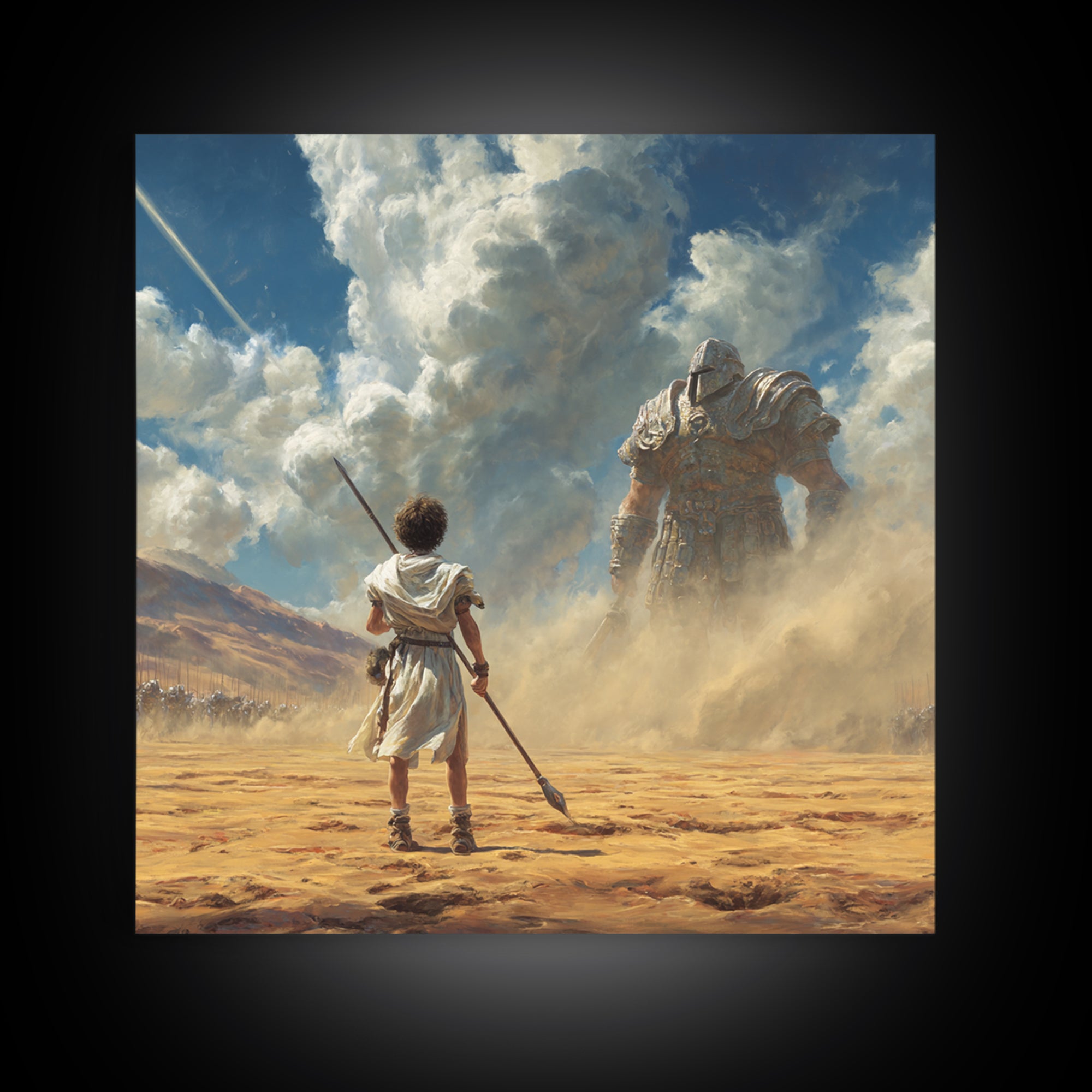 Young Warrior Facing Desert Giant In Dust Canvas Print, Biblical Wall Art, Fantasy Decor, David And Goliath Gift For Him