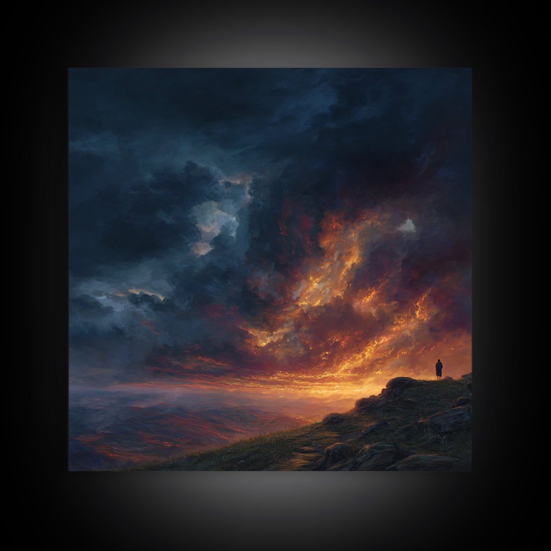 Lone Figure Under Fiery Storm Clouds Wall Art, Dramatic Landscape Canvas Print, Moody Fantasy Decor, Statement Artwork Gift