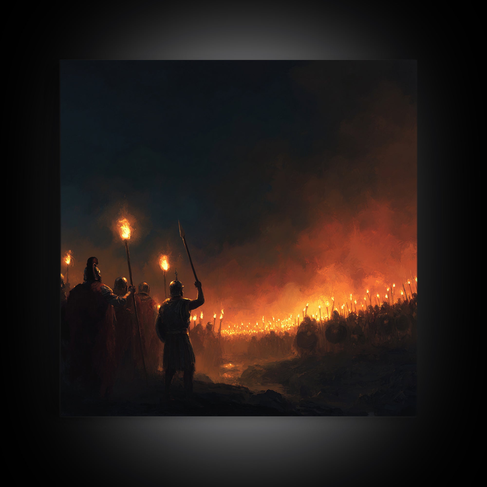 Torchlit Ancient Army At Night Wall Art, Dark Fantasy Canvas Print, Warrior Battle Scene, Moody Medieval Decor, Man Cave Gift
