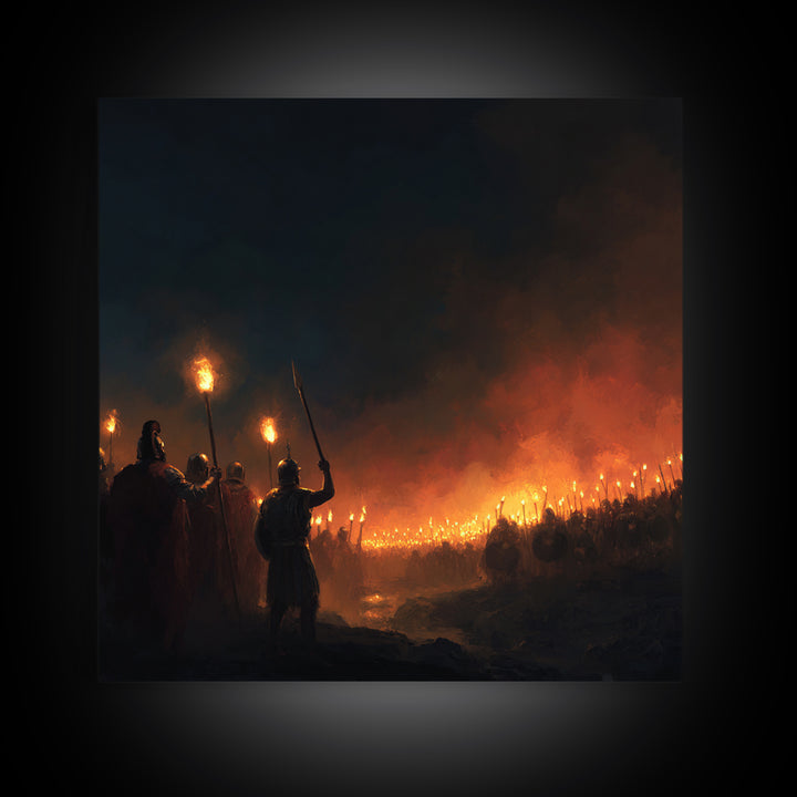 Torchlit Ancient Army At Night Wall Art, Dark Fantasy Canvas Print, Warrior Battle Scene, Moody Medieval Decor, Man Cave Gift