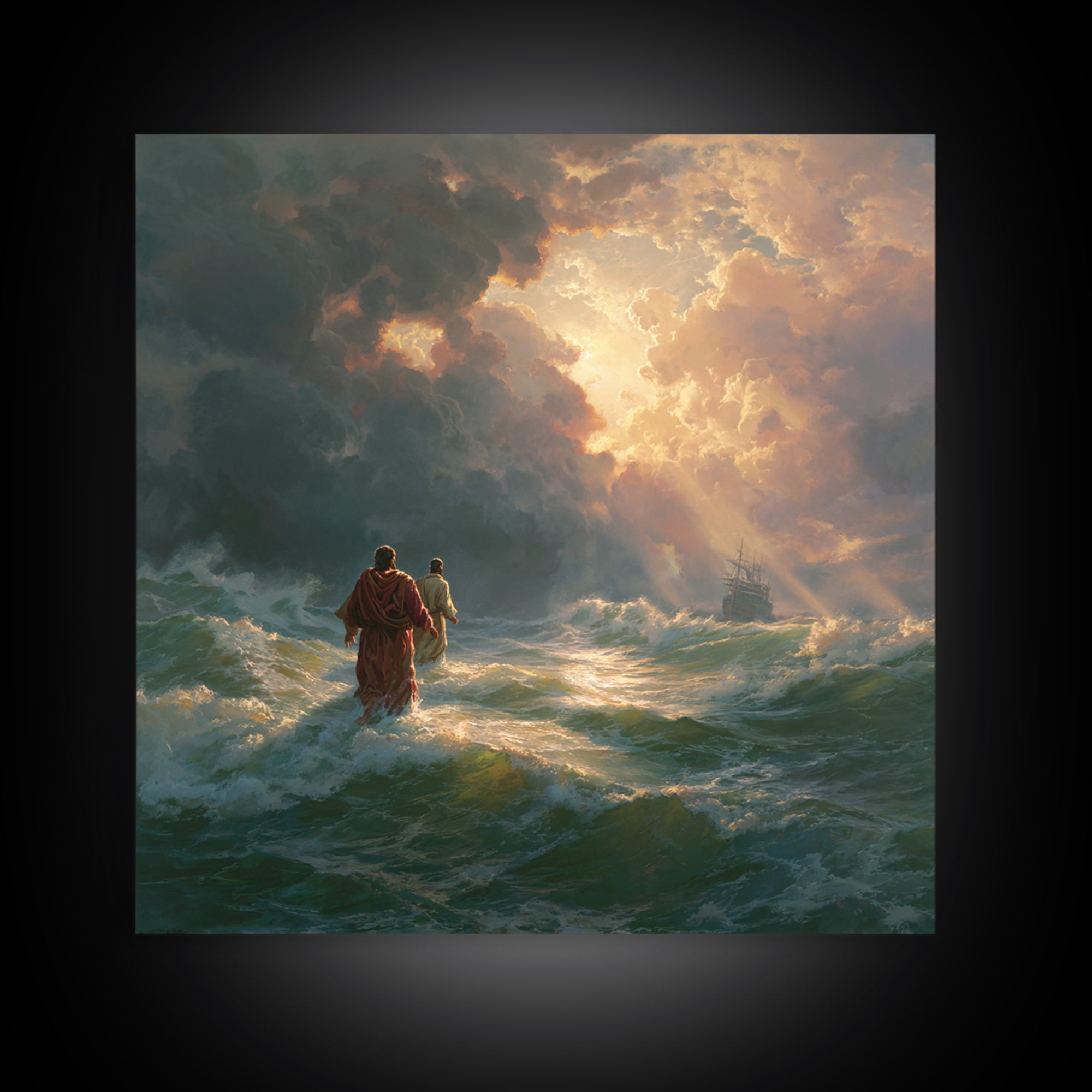 Jesus Walking On Stormy Sea Wall Art, Christian Canvas Print, Biblical Ocean Painting, Faith Gift, Dramatic Home Decor, For Living Room