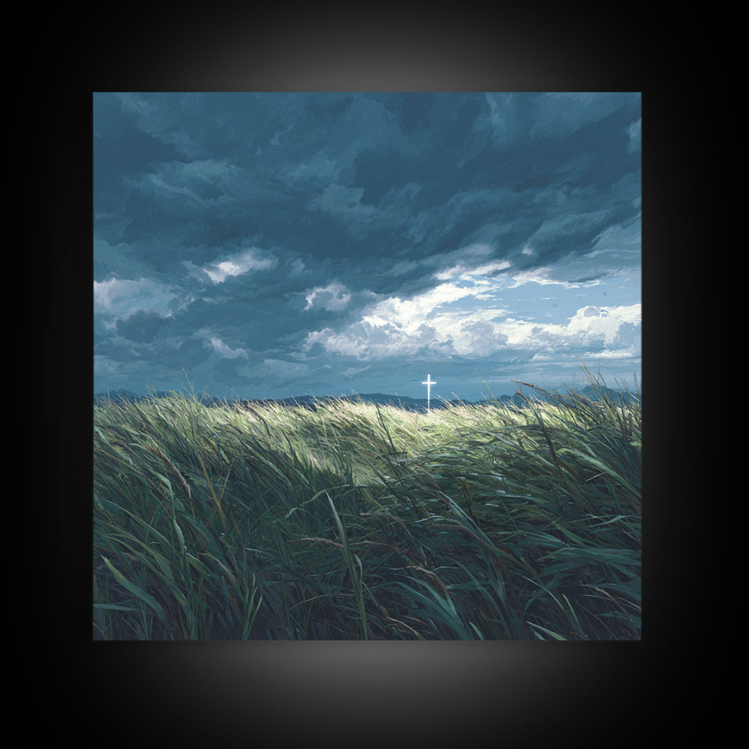 Stormy Field With Glowing Cross Wall Art, Christian Canvas Print, Moody Landscape Decor, Faith Inspired Prayer Room Art, Gift