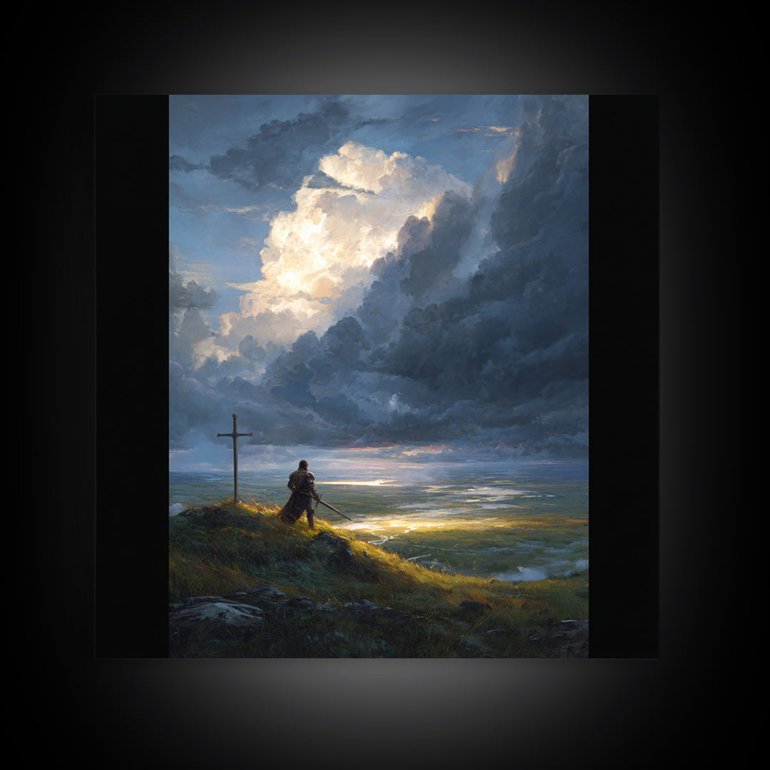 Lone Knight At Cross Under Storm Clouds Framed Canvas Print, Christian Wall Art, Dramatic Landscape, Faith Home Decor Gift