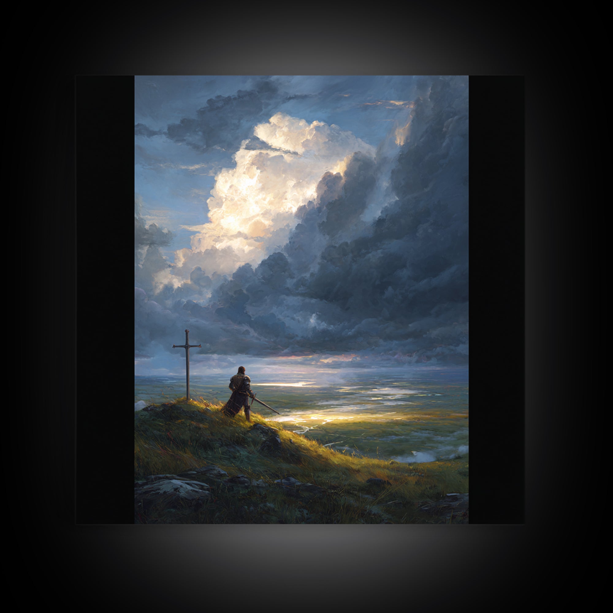 Lone Knight At Cross Under Storm Clouds Framed Canvas Print, Christian Wall Art, Dramatic Landscape, Faith Home Decor Gift