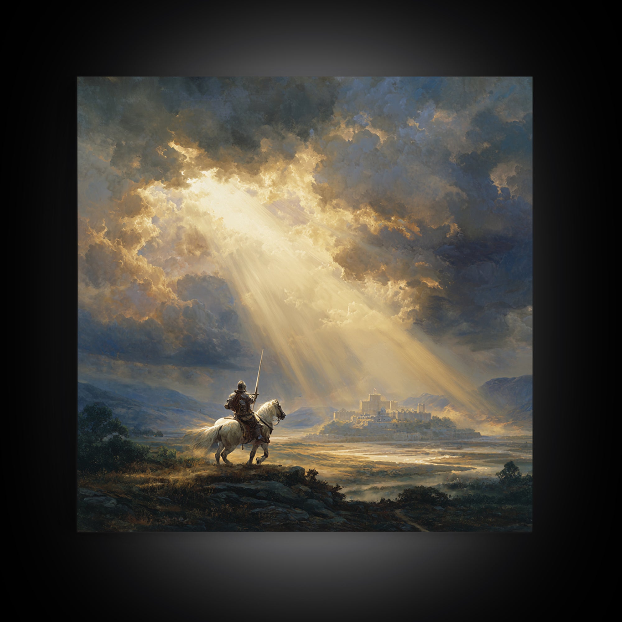 Mounted Knight Beneath Sunbeams Framed Canvas Print, Medieval Landscape Wall Art, Christian Artwork, Castle Decor Gift For Him
