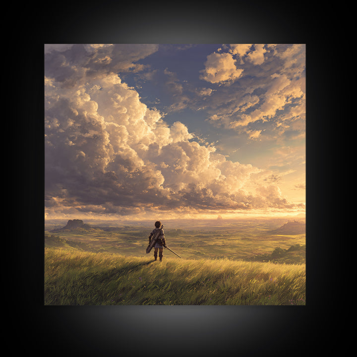 Lone Traveler Under Golden Clouds Wall Art, Fantasy Landscape Painting, Adventure Canvas Print For Bedroom And Living Room Decor