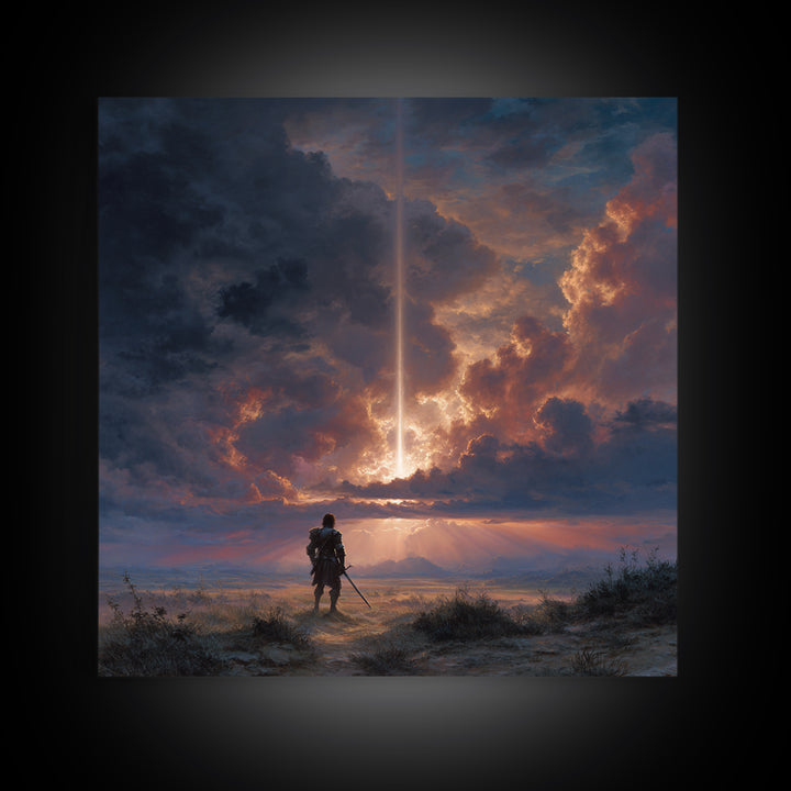 Lone Warrior Under Divine Sky Canvas Print, Fantasy Landscape Art, Dramatic Cloudscape Wall Decor, Medieval Adventure Gift For Him