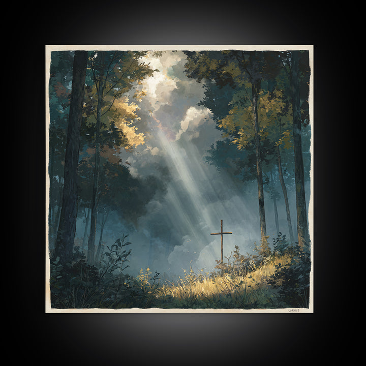 Sunbeams Over Forest Cross Wall Art, Peaceful Christian Canvas Print, Spiritual Nature Decor, Prayer Room Artwork, Faith Gift