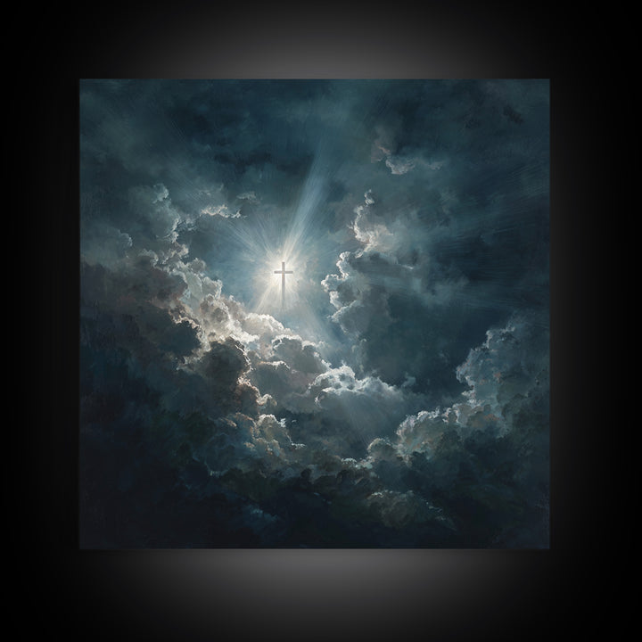 Radiant Cross In Storm Clouds Wall Art, Christian Inspirational Canvas Print, Spiritual Home Decor, Prayer Room Gift For Her
