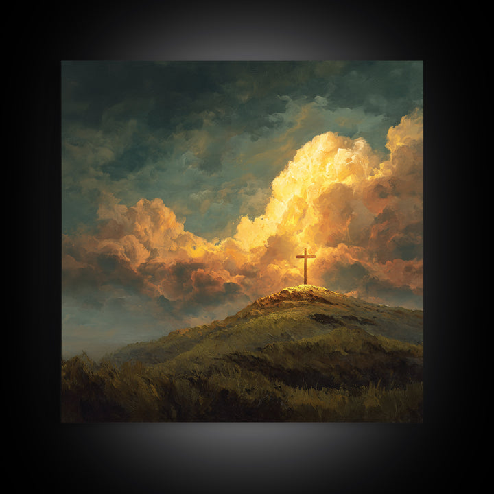 Glowing Cross On Hilltop Wall Art, Christian Landscape Canvas Print, Inspirational Clouds, Religious Home Decor Gift For Her