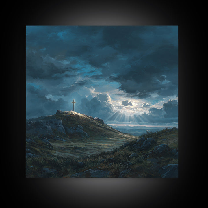 Glowing Cross On Stormy Hill Wall Art, Dramatic Christian Landscape Painting For Prayer Room Decor And Spiritual Gift Idea