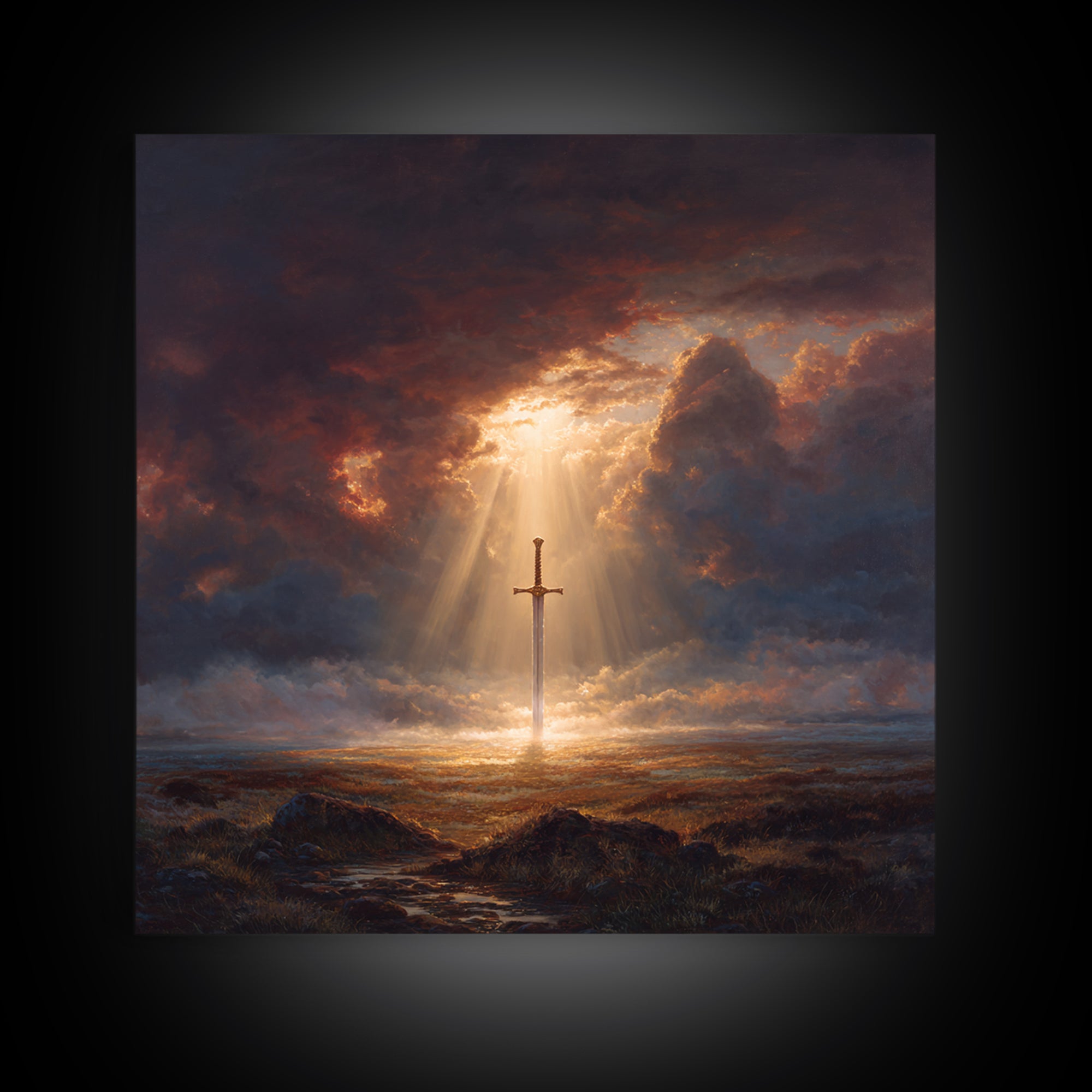 Sword Of Light In Stormy Field Framed Canvas Print, Christian Symbol Painting, Dramatic Landscape Wall Decor, Faith Gift