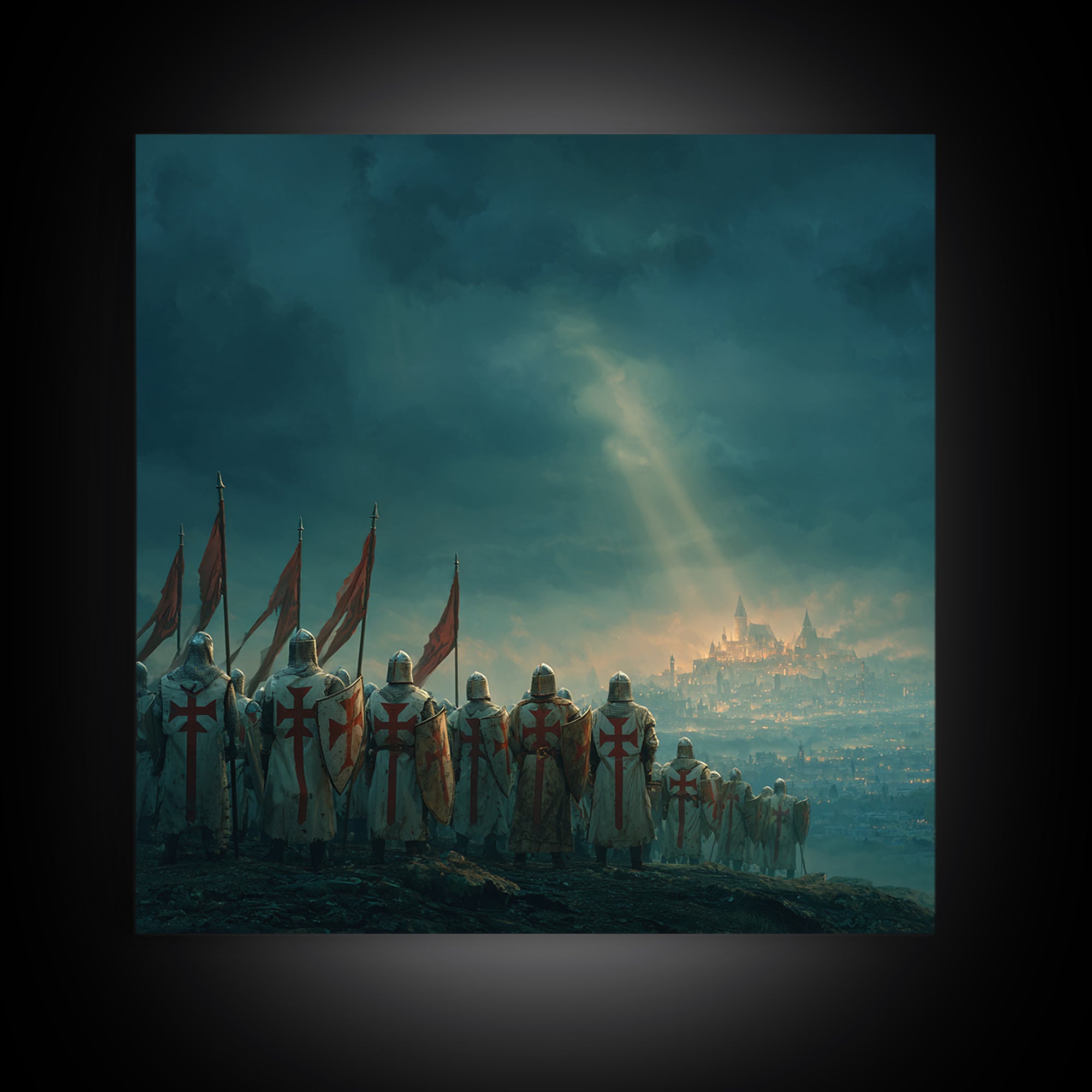 Templar Knights Over Misty Jerusalem Canvas Print, Medieval Fantasy Wall Art, Christian Decor, Crusader History Gift For Him