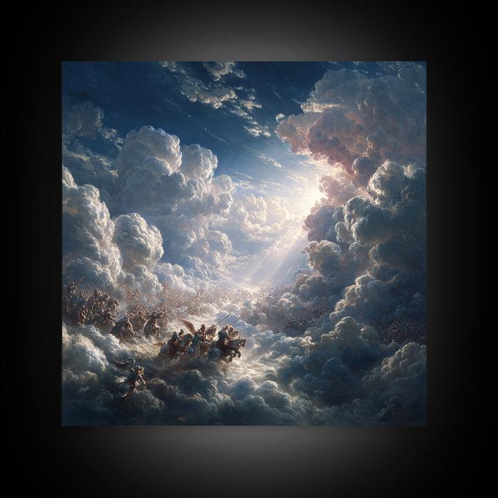 Angelic Battle In Storm Clouds Framed Canvas Print, Baroque Wall Art, Celestial Fantasy Art, Dramatic Spiritual Decor Print