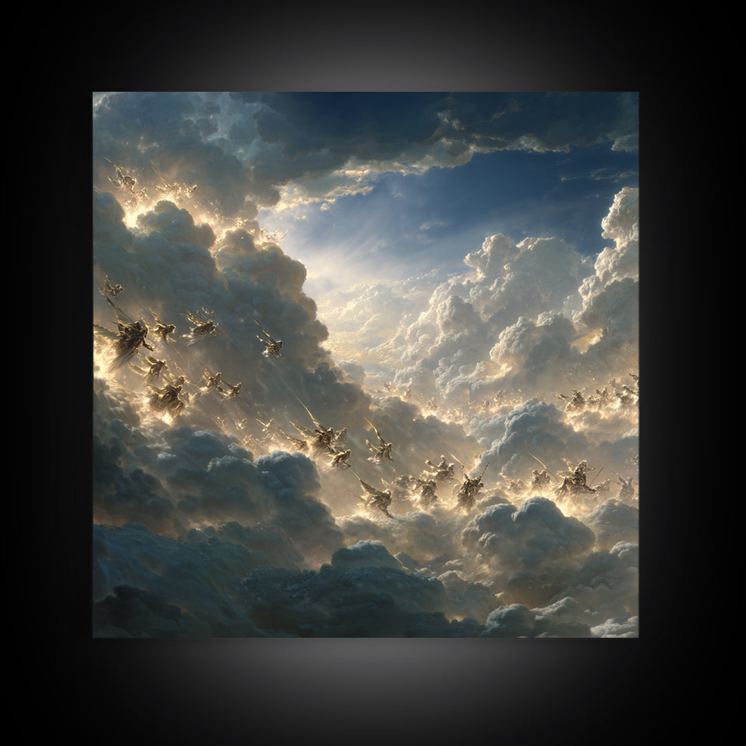Angelic Riders In Storm Clouds Wall Art, Celestial Christian Canvas Print, Fantasy Sky Battle, Spiritual Living Room Decor