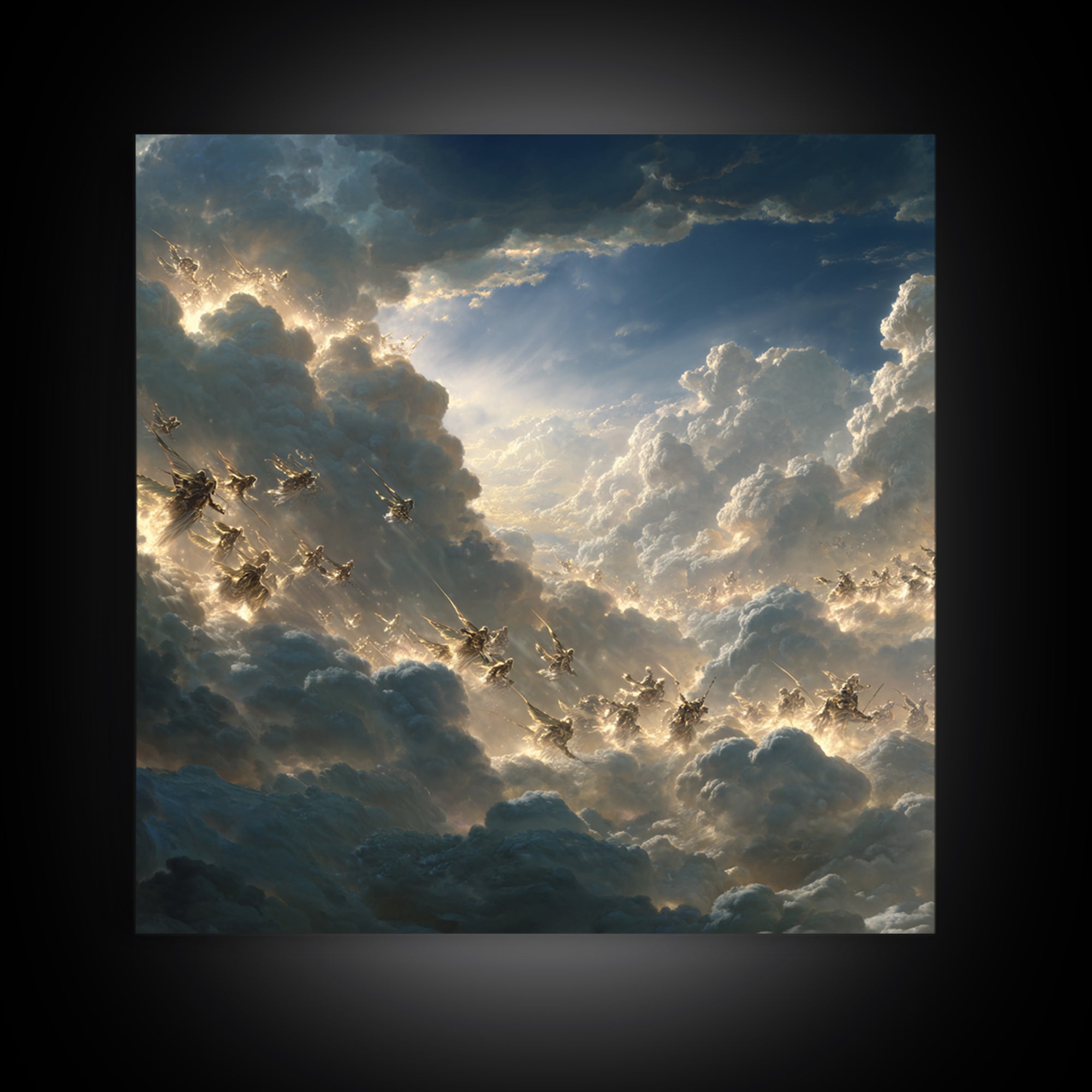 Angelic Riders In Storm Clouds Wall Art, Celestial Christian Canvas Print, Fantasy Sky Battle, Spiritual Living Room Decor