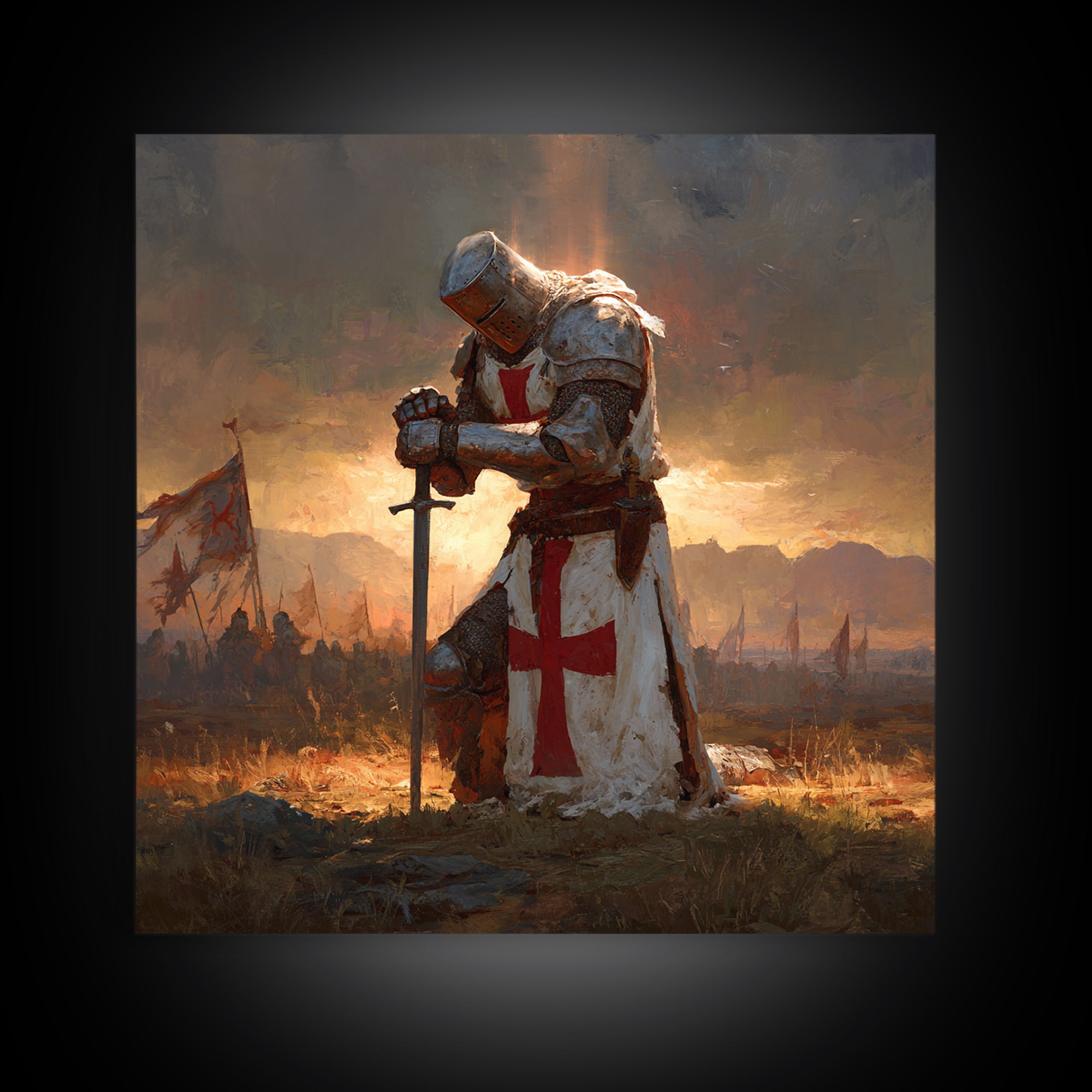 Kneeling Templar Knight In Battle Canvas Print, Medieval Christian Wall Art, Crusader Artwork Gift For Him, Man Cave Decor