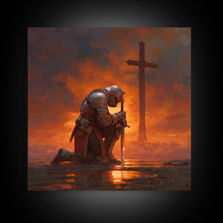 Kneeling Crusader Before Cross At Fiery Sunset Wall Art, Christian Canvas Print, Medieval Decor, Inspirational Gift For Him