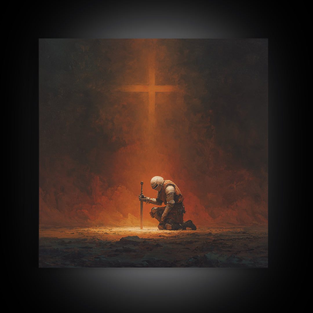 Kneeling Knight With Glowing Cross Framed Canvas Print, Christian Wall Art, Dark Fantasy Decor, Prayer Room Gift For Him Home Decor