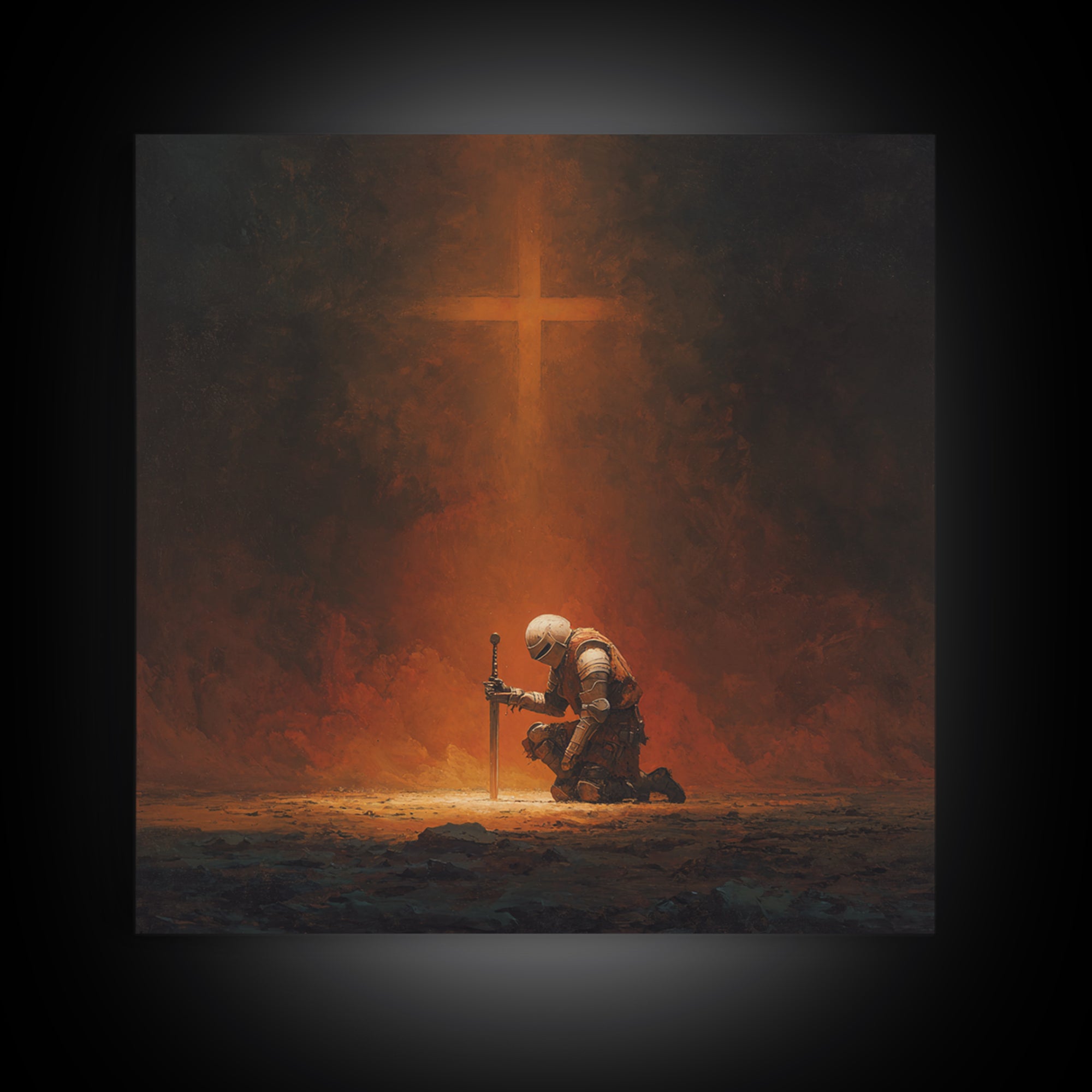 Kneeling Knight With Glowing Cross Framed Canvas Print, Christian Wall Art, Dark Fantasy Decor, Prayer Room Gift For Him Home Decor