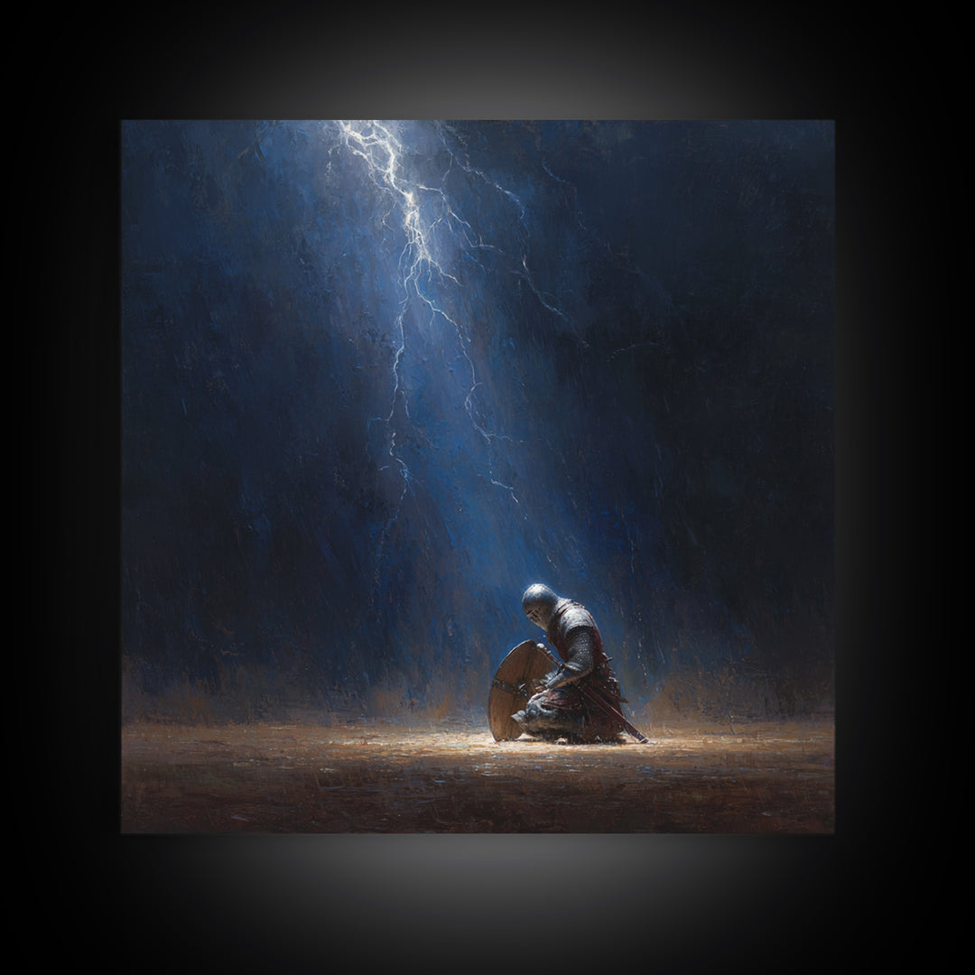 Kneeling Knight In Lightning Storm Wall Art, Dark Fantasy Medieval Canvas, Warrior Prayer Scene, Gothic Home Decor Unique Gift