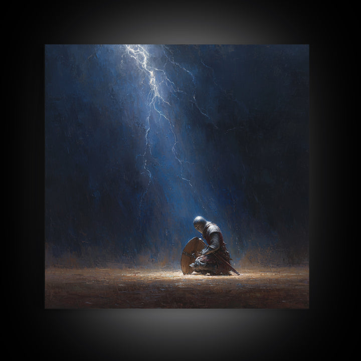 Kneeling Knight In Lightning Storm Wall Art, Dark Fantasy Medieval Canvas, Warrior Prayer Scene, Gothic Home Decor Unique Gift