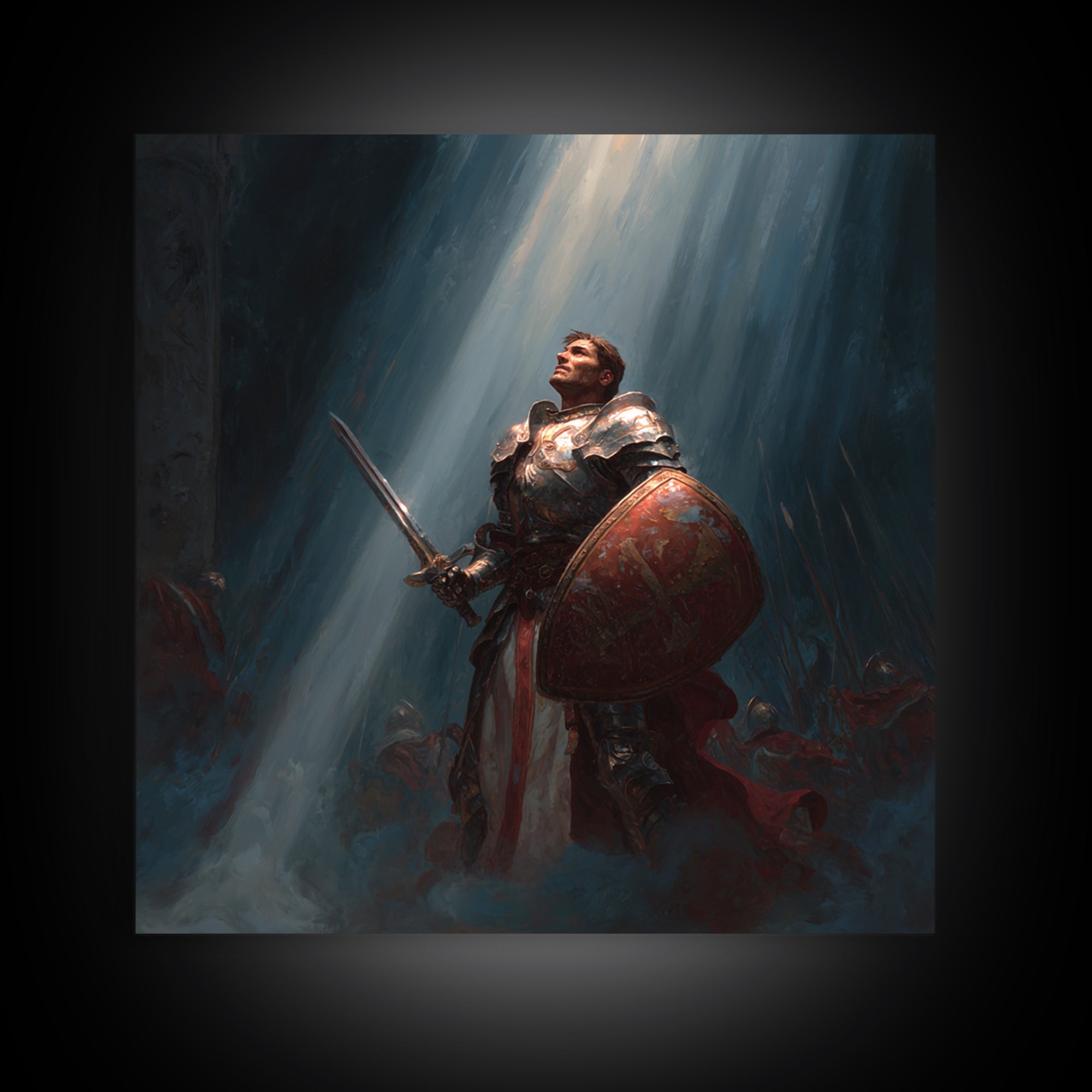Heroic Knight With Sword And Shield In Divine Light Framed Canvas Print, Fantasy Wall Art, Medieval Wall Decor, Gift For Him