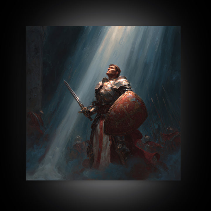 Heroic Knight With Sword And Shield In Divine Light Framed Canvas Print, Fantasy Wall Art, Medieval Wall Decor, Gift For Him