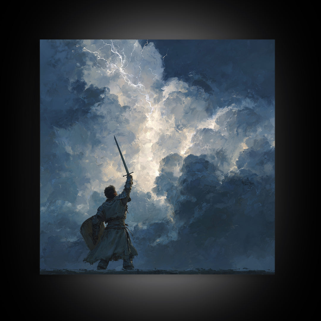 Warrior Raising Sword Into Lightning Canvas Print, Epic Fantasy Wall Art, Storm Clouds, Dark Heroic Medieval Home Decor Gift