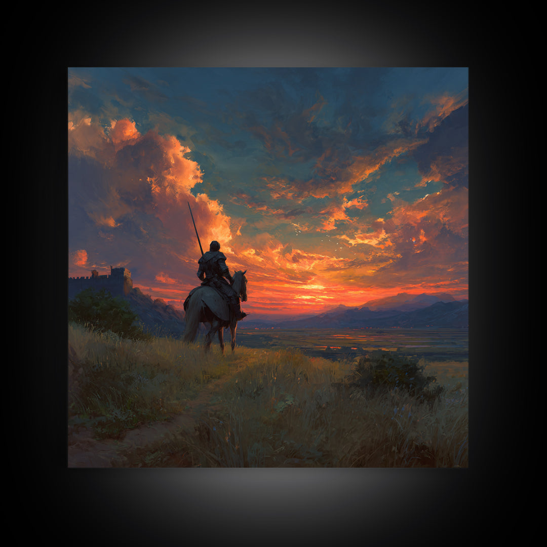 Armored Knight On Horseback At Fiery Sunset Canvas Print, Medieval Fantasy Wall Art, Dramatic Landscape Decor For Him Gift