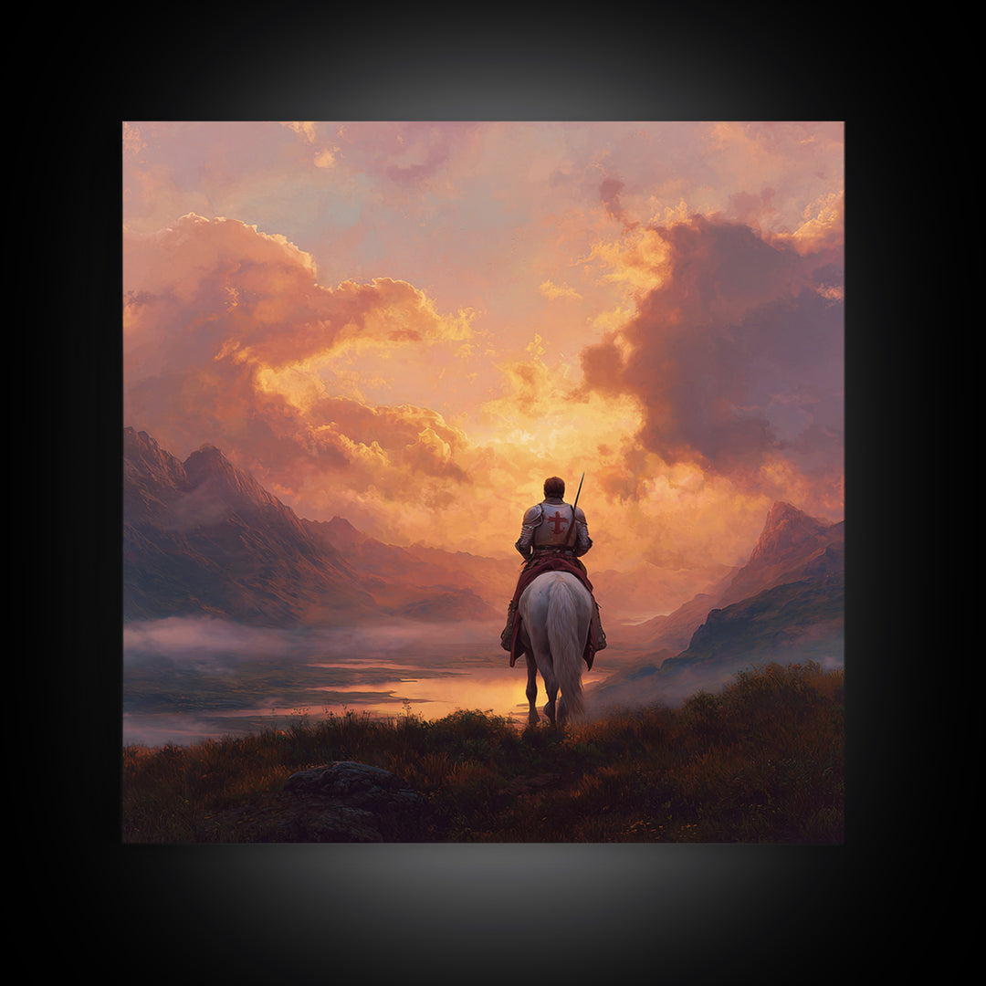 Lone Crusader Horseback Sunset Canvas Print, Epic Mountain Landscape Wall Art, Christian Artwork, Fantasy Art, Gift For Him