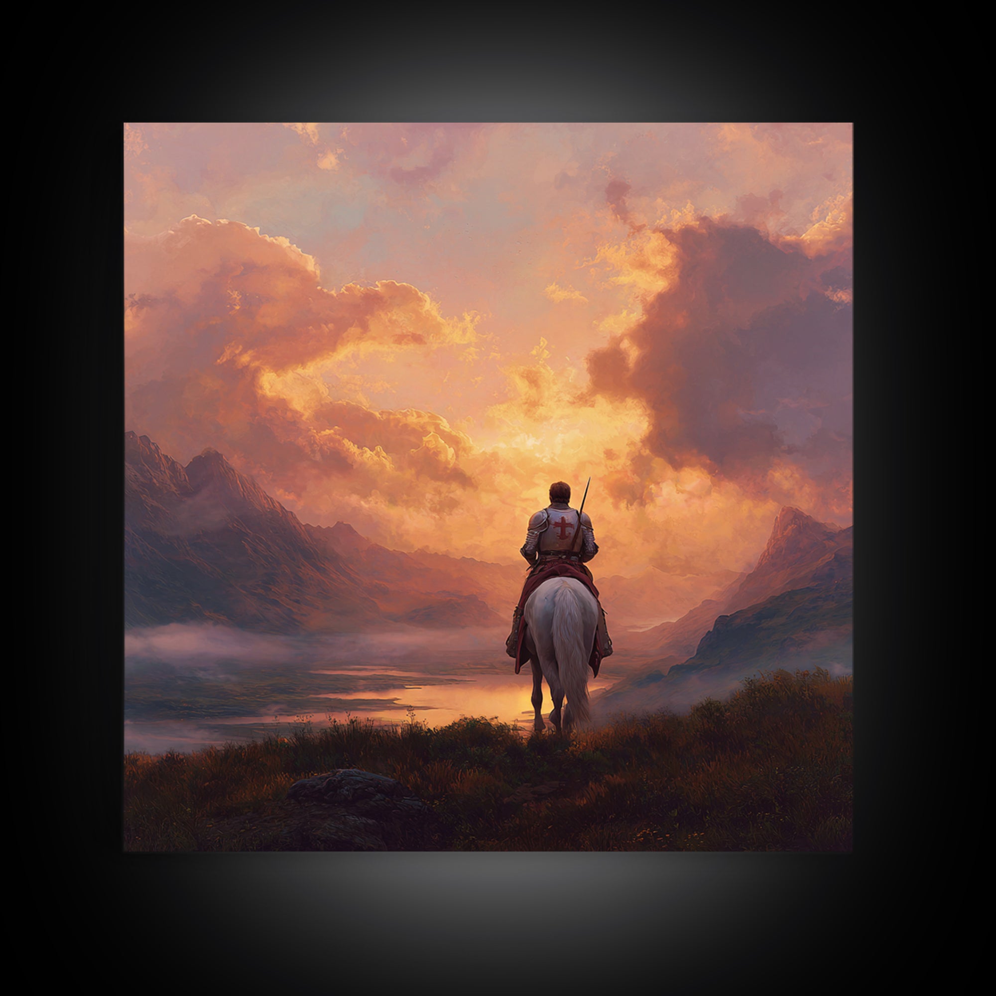 Lone Crusader Horseback Sunset Canvas Print, Epic Mountain Landscape Wall Art, Christian Artwork, Fantasy Art, Gift For Him