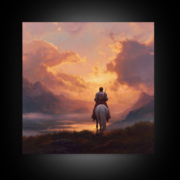 Lone Crusader Horseback Sunset Canvas Print, Epic Mountain Landscape Wall Art, Christian Artwork, Fantasy Art, Gift For Him