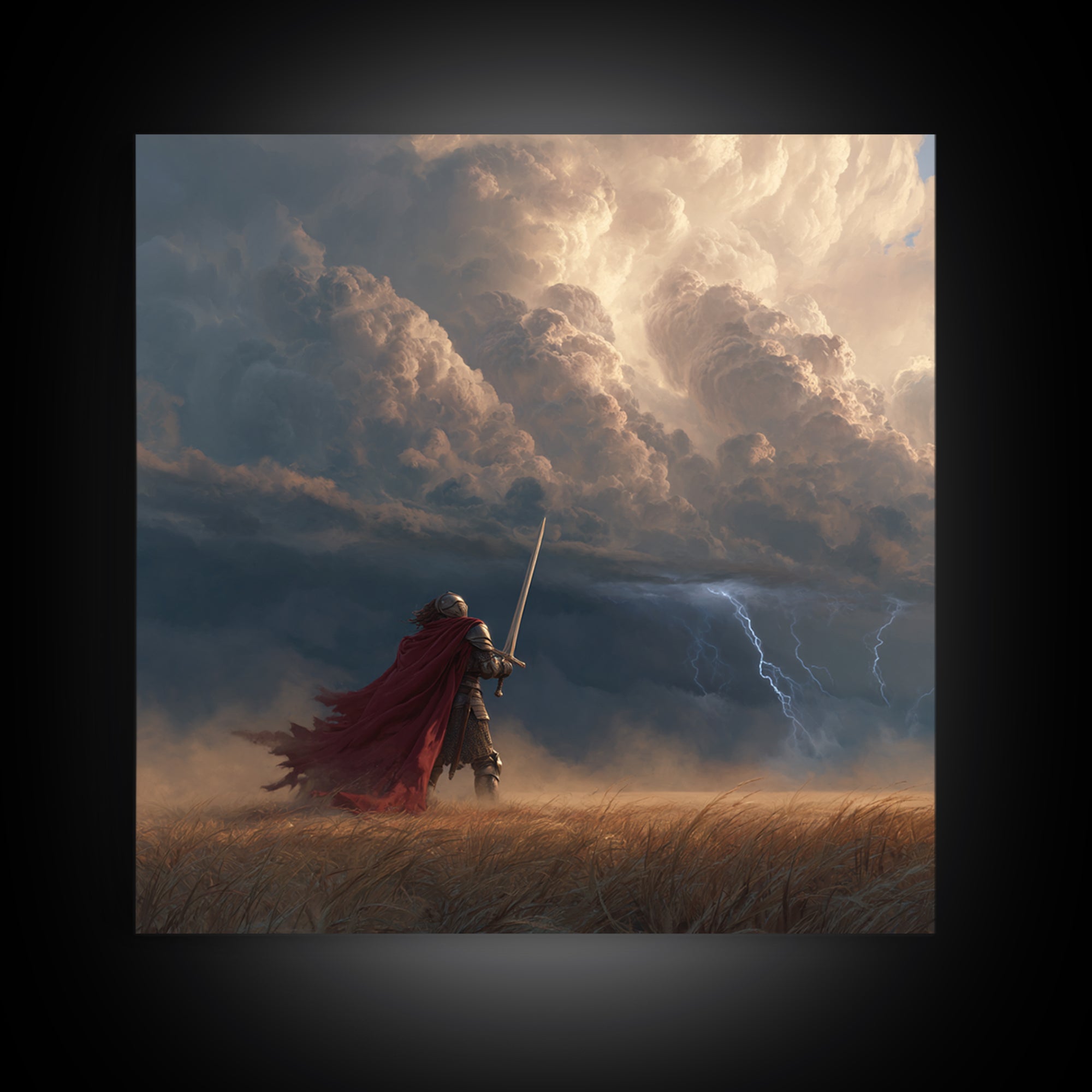 Armored Knight Facing Thunderstorm Wall Art, Dark Fantasy Canvas Print, Medieval Decor, Dramatic Warrior Gift For Him, Office Decor