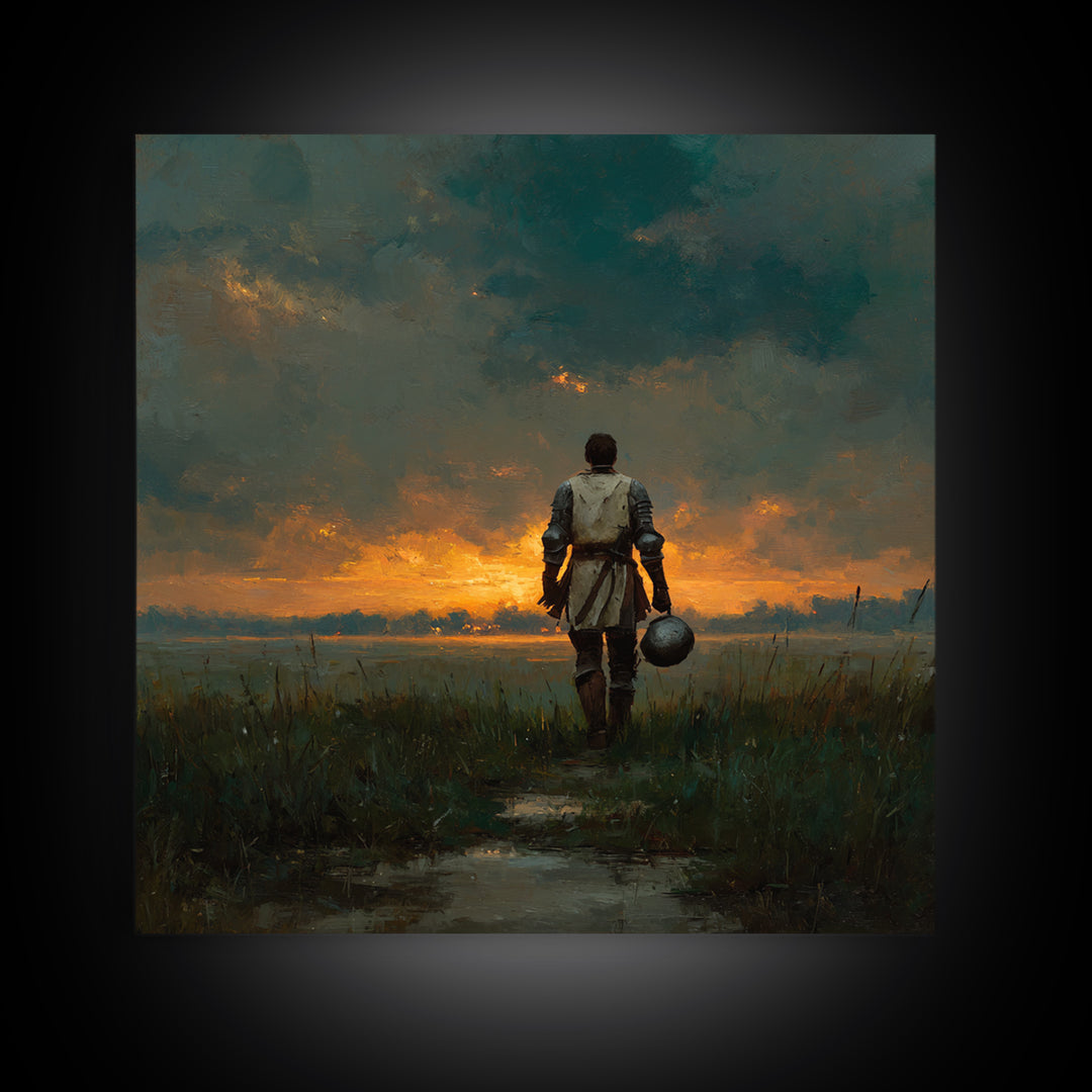 Lone Knight Walking Into Sunset Wall Art, Moody Medieval Landscape Canvas Print, Dark Academia Decor, Fantasy Gift For Him