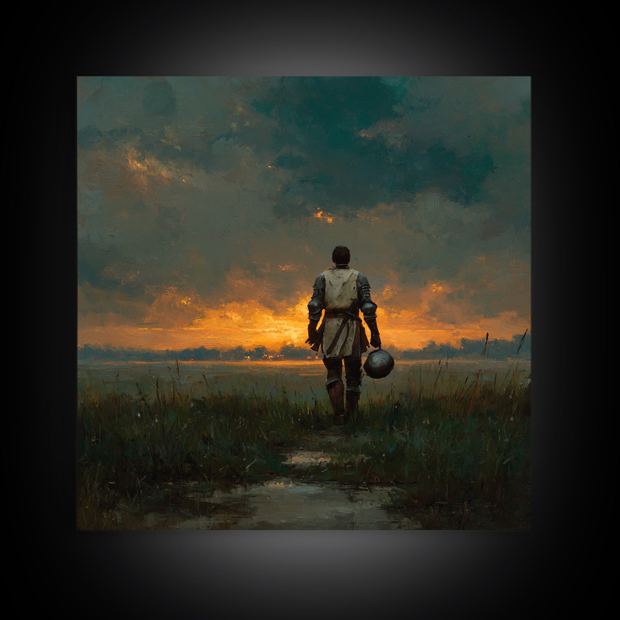 Lone Knight Walking Into Sunset Wall Art, Moody Medieval Landscape Canvas Print, Dark Academia Decor, Fantasy Gift For Him