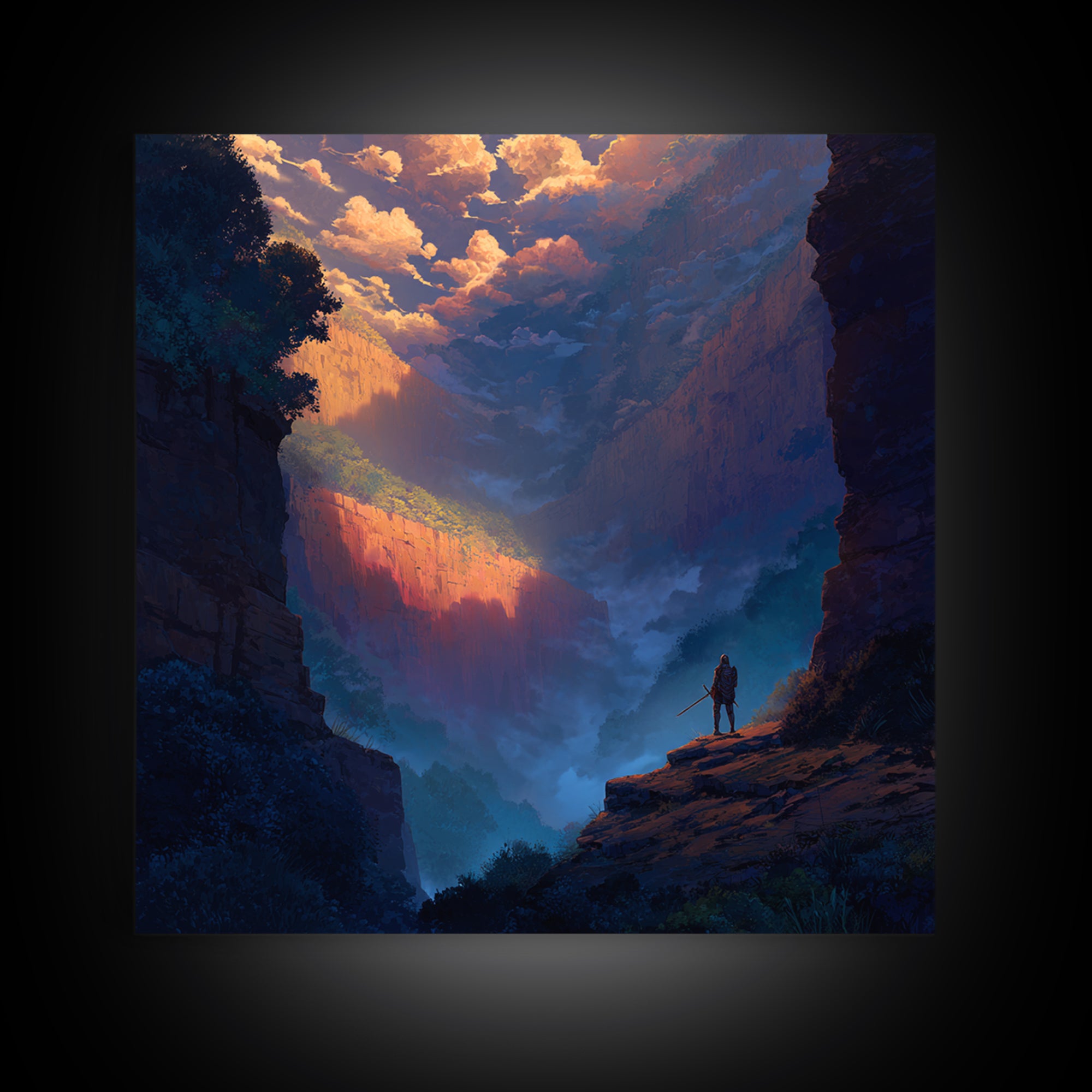 Warrior Over Misty Canyon Wall Art, Epic Fantasy Landscape Canvas Print, Mountain Wall Art, Adventure Decor, Gift For Him